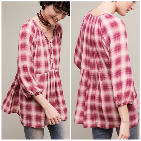 Maeve Tops - Anthro Maeve Calavon Boho Plaid Peplum Tunic